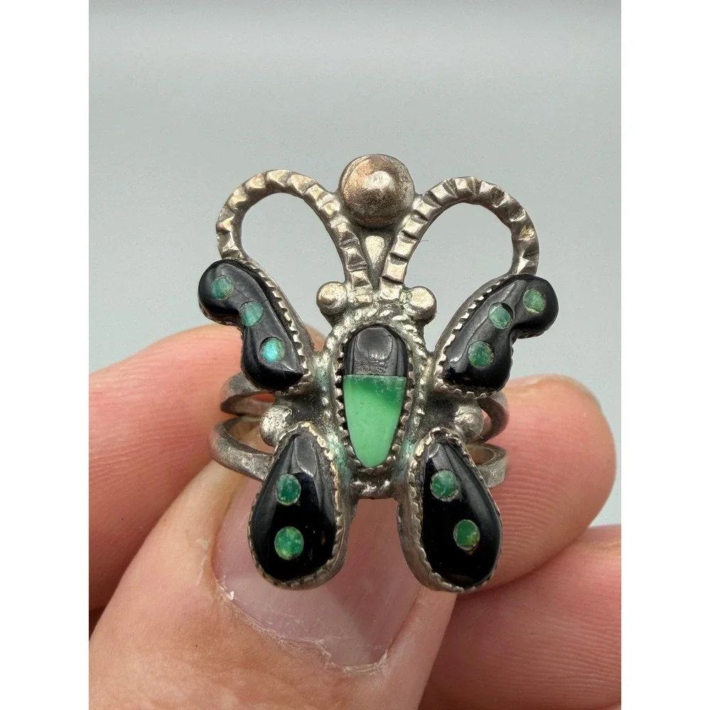 Fred Harvey Era Zuni Jet & Turquoise Inlay Sterling Silver Butterfly Ring #1144